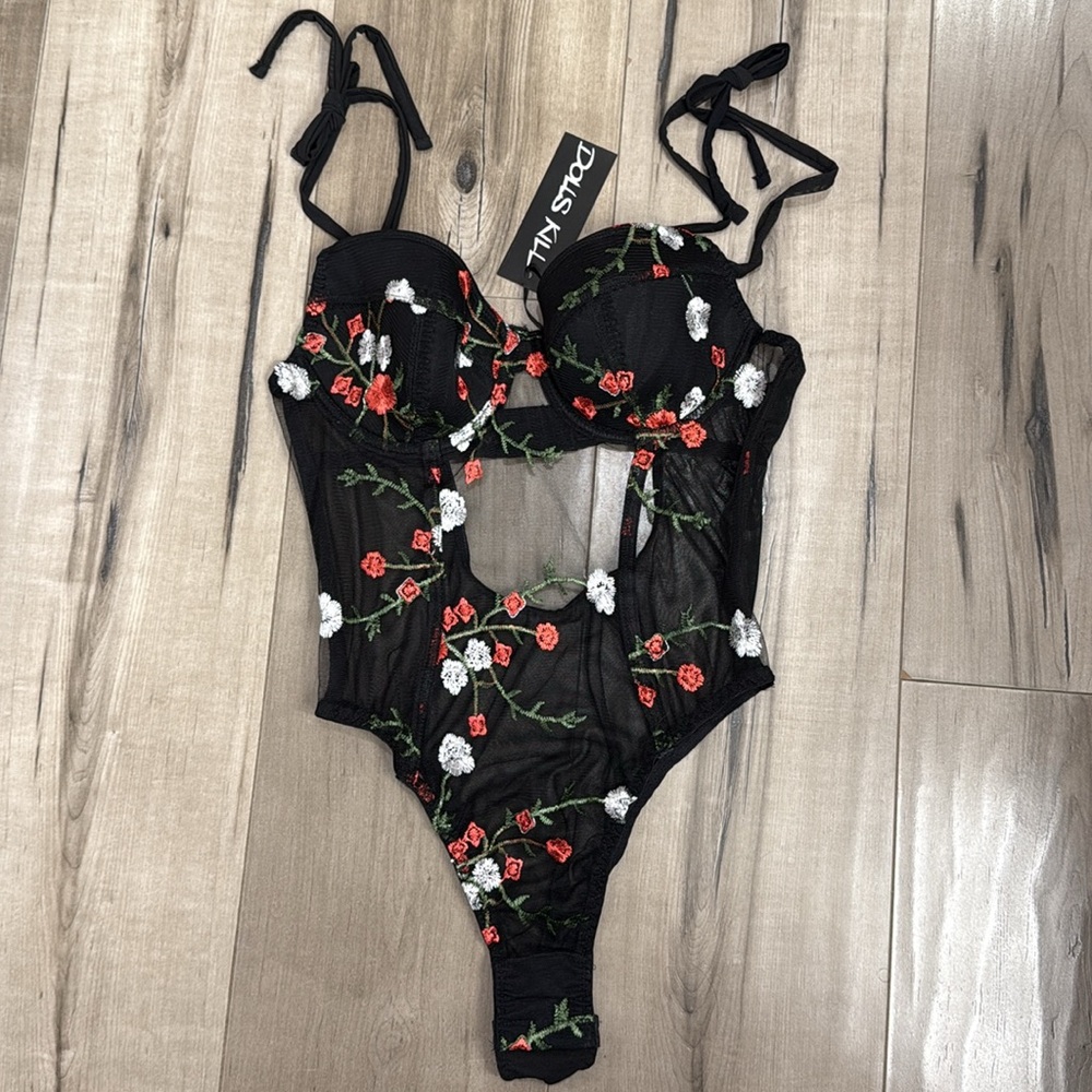 Dolls Kill Black Floral Mesh Embroidered Teddy